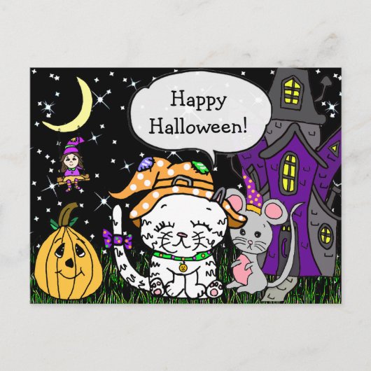 Carte Postale Happy Halloween Chat blanc et souris mignonne (Devant)