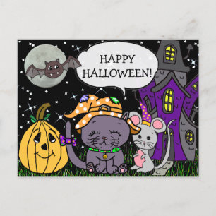 Carte Postale Happy Halloween Chat noir et souris mignonne