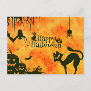 Carte Postale Happy Halloween chat noir, hibou, citrouille