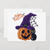 Carte Postale Happy Halloween Citrouille sculpté avec chat noir  (Devant / Derrière)