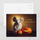 Carte Postale Happy Halloween. Kleine niedliche Maus mit Kürbis (Devant / Derrière)
