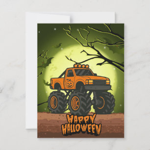 Carte Postale Happy Halloween Monster Truck avec chauves-souris