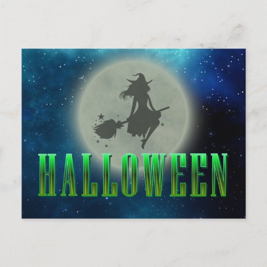 Carte Postale Happy Halloween sorcière lune squelette boo typogr (Devant)