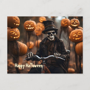 Carte Postale Happy Halloween squelette vintage, vélo moderne