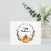 Carte Postale Happy Halloween Watercolor Citrouille Wreath (Debout devant)