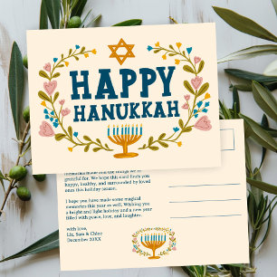 Carte Postale HAPPY HANOUKKA Floral Wreath Menorah Texte personn