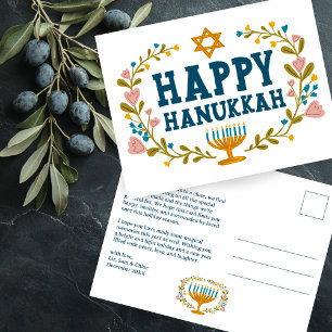 Carte Postale HAPPY HANOUKKA Floral Wreath Menorah Texte personn