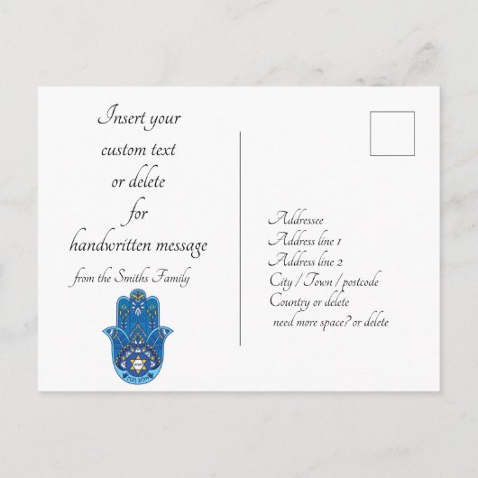 Carte Postale 🕎 Happy Hanoukka, Main de Miriam, personnalisable (Dos)