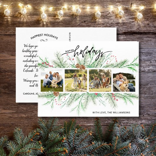 Carte Postale Happy Holidays Photo Collage Bois Pine Boughs