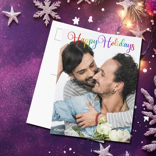 Carte Postale Happy Holidays Rainbow Script LGBTQ Couple Photo