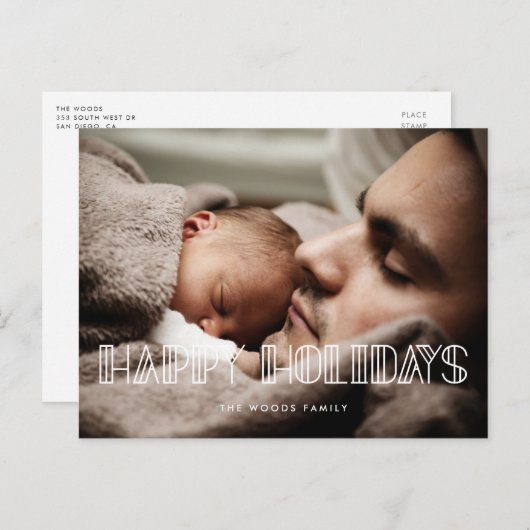 Carte Postale Happy Holidays Retro art déco script photo (Devant / Derrière)