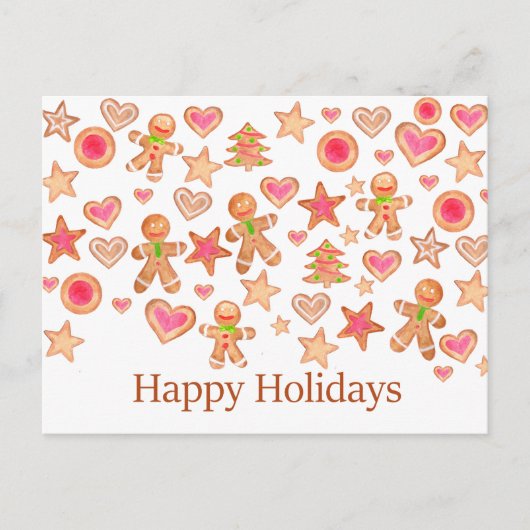 Carte Postale Happy Holidays watercolor gingerbread cookies (Devant)