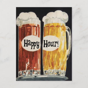 Carte Postale Happy Hour vintage beer mugs