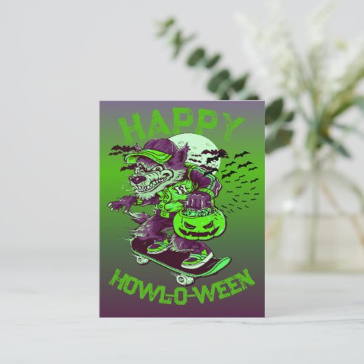 Carte Postale Happy Howl-o-ween Wolf équitation sur skateboard (Debout devant)