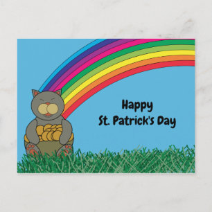Carte Postale Happy Jour de la Saint Patrick Chat Rainbow Pot d'