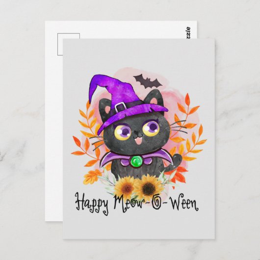 Carte Postale Happy Meow-o-ween -Chat Sorcière Noire (Devant / Derrière)