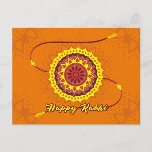 Carte Postale Happy Raksha Bandhan, orange, bracelet jaune (Devant)