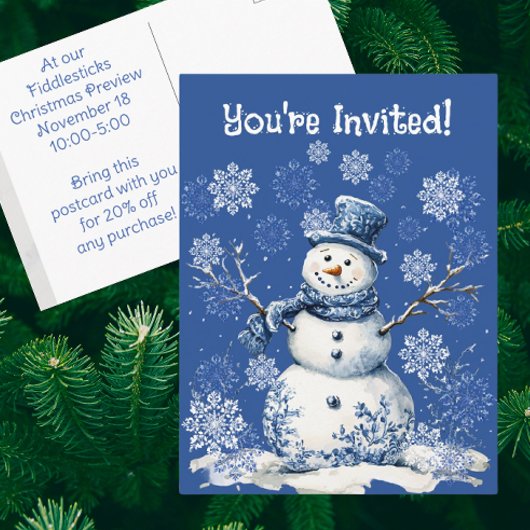 Carte Postale Happy Snowman Snowflakes Blue White Business