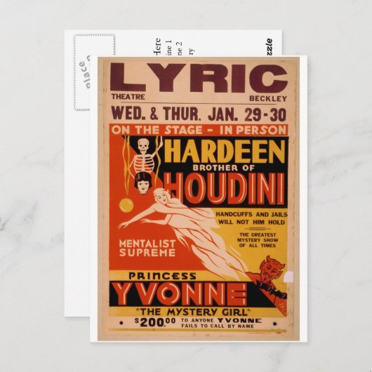 Carte Postale Hardeen frère de Houdini, 'La fille mystère' (Devant / Derrière)