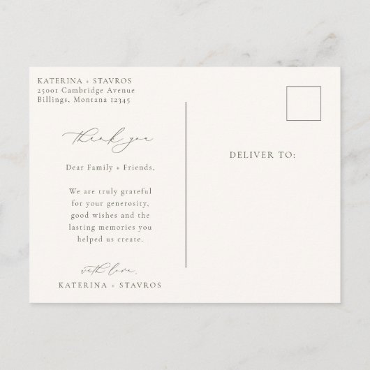 Carte Postale HARMONIE vert olive Script Mariage Photo Merci (Dos)