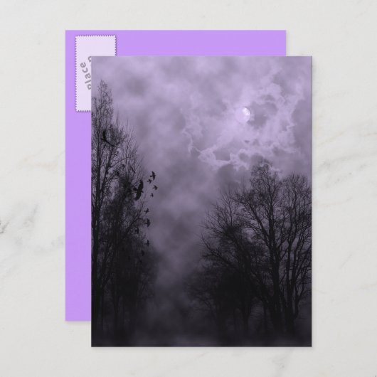 Carte Postale Haunted Halloween Violet Mist Sky avec Ravens (Devant / Derrière)