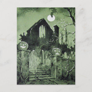 Carte Postale Haunted House Jack O' Lantern Ghost Bat