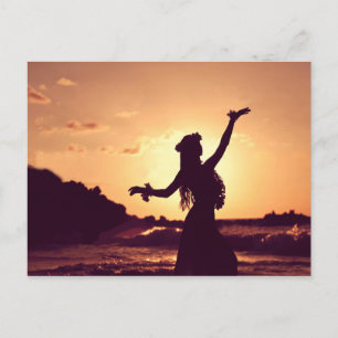 Carte Postale Hawaï, silhouette de fille hula au coucher du sole
