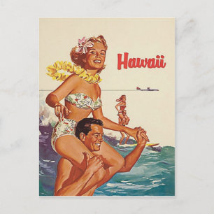 Carte Postale Hawaii, couple heureux de surf, voyage vintage
