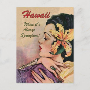 Carte Postale Hawaii, femme avec une grande fleur tropique dans 