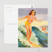 Carte Postale Hawaii, fille de surfer hawaïenne sur une grande v (Devant / Derrière)