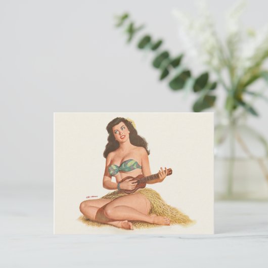 Carte Postale Hawaii pin-up fille joue petite guitare, peinture, (Debout devant)