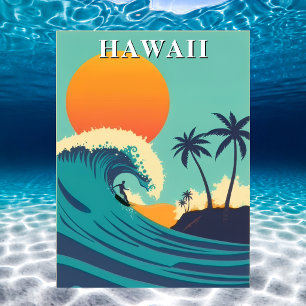 Carte Postale Hawaii Surf vintage au coucher du soleil & vagues