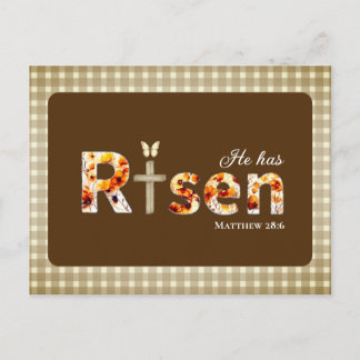 Carte Postale He has Risen Bible Verse Cross Floral Brown Easter