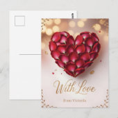 Carte Postale Heart Made of Deep Red Rose Petals and Gold Script (Devant / Derrière)