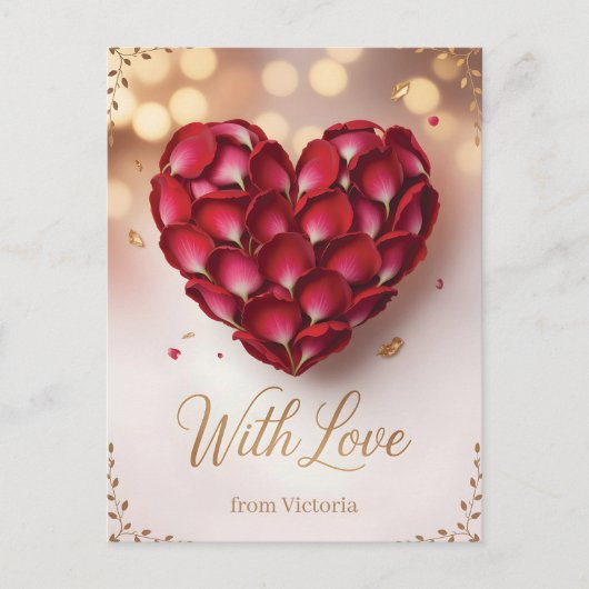 Carte Postale Heart Made of Deep Red Rose Petals and Gold Script (Devant)