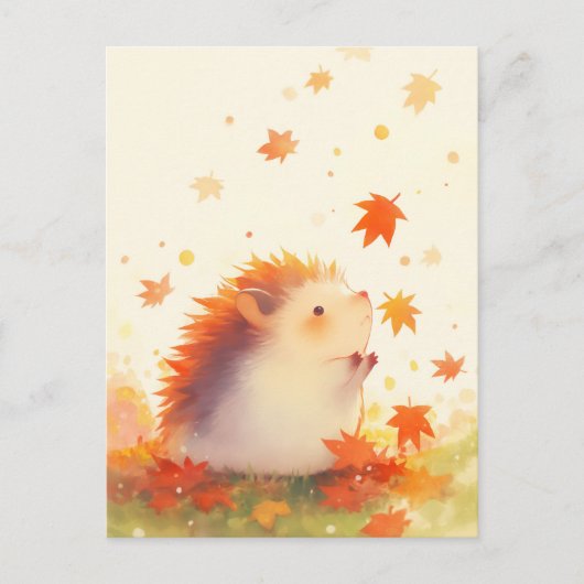 Carte Postale Hedgehog Watching Falling Autumn Maple Leaf (Devant)