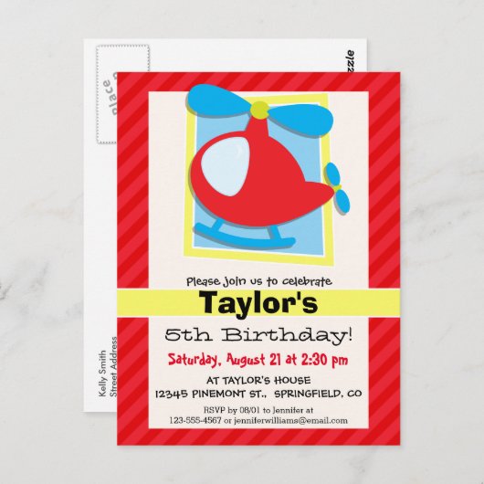 Carte Postale Hélicoptère pour enfant; rayures rouges écarlate (Devant / Derrière)