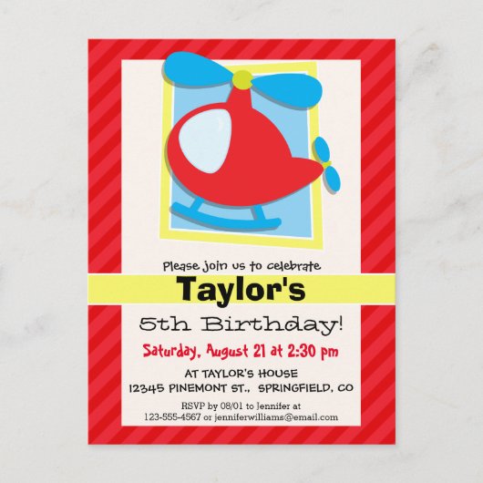 Carte Postale Hélicoptère pour enfant; rayures rouges écarlate (Devant)