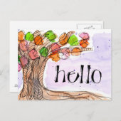 Carte Postale Hello & Merci - Fun Leafy Tree Watercolor (Devant / Derrière)