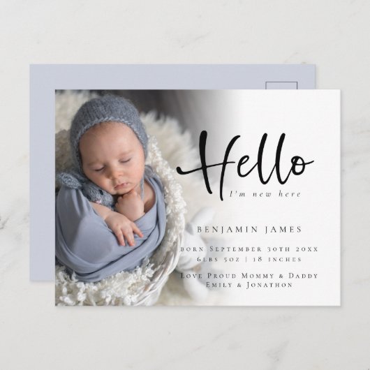 Carte Postale Hello New Baby Photo Faire-part de naissance bleu (Devant / Derrière)