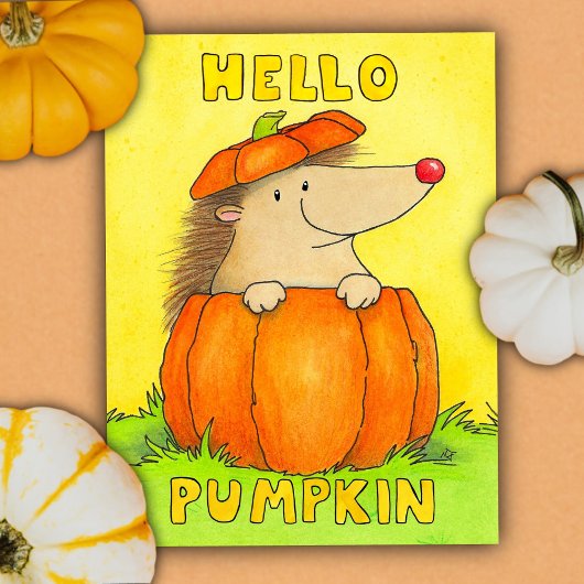 Carte Postale Hello Pumpkin - Cute hedgehog fall 