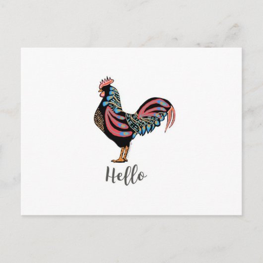 Carte postale "Hello" Rooster Chicken Folk Travel (Devant)