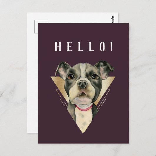 Carte Postale HELLO violet or Pitbull Puppy Aquarelle (Devant / Derrière)