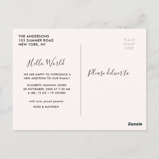 Carte Postale HELLO WORLD - faire-part de naissance fille (Dos)