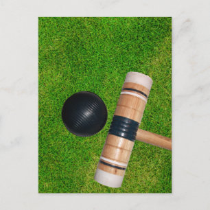 Carte Postale Herbe, Maillet et Balle de Croquet Noirs