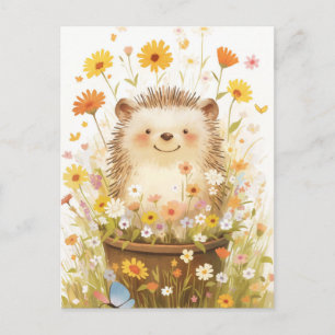 Carte Postale Hérisson Blanc dans Pot de Fleur avec Marguerite J