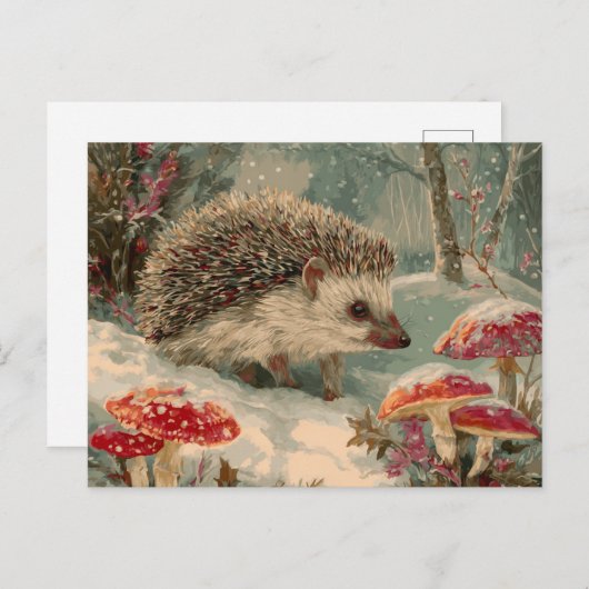 Carte Postale Hérisson dans la forêt d'hiver (Devant / Derrière)