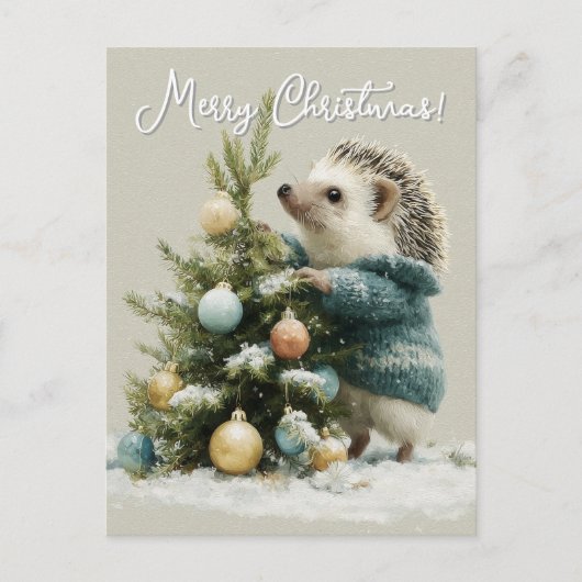 Carte Postale Hérisson dans un pull décorant un sapin de Noël (Devant)