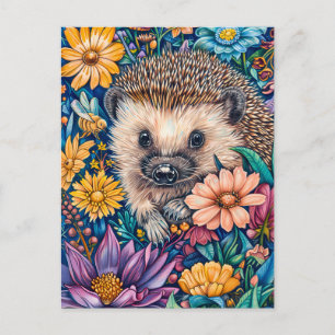 Carte Postale Hérisson en fleurs Lit
