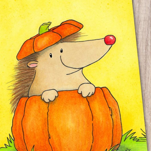 Carte Postale Hérisson Mignon dans Citrouille d'Automne
